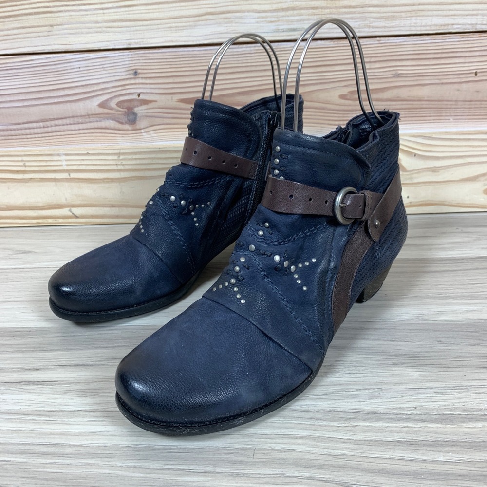 Miz Mooz Ankle Boots Womens‎ 41 Navy Blue Leather Studded Buckle Moto Booties